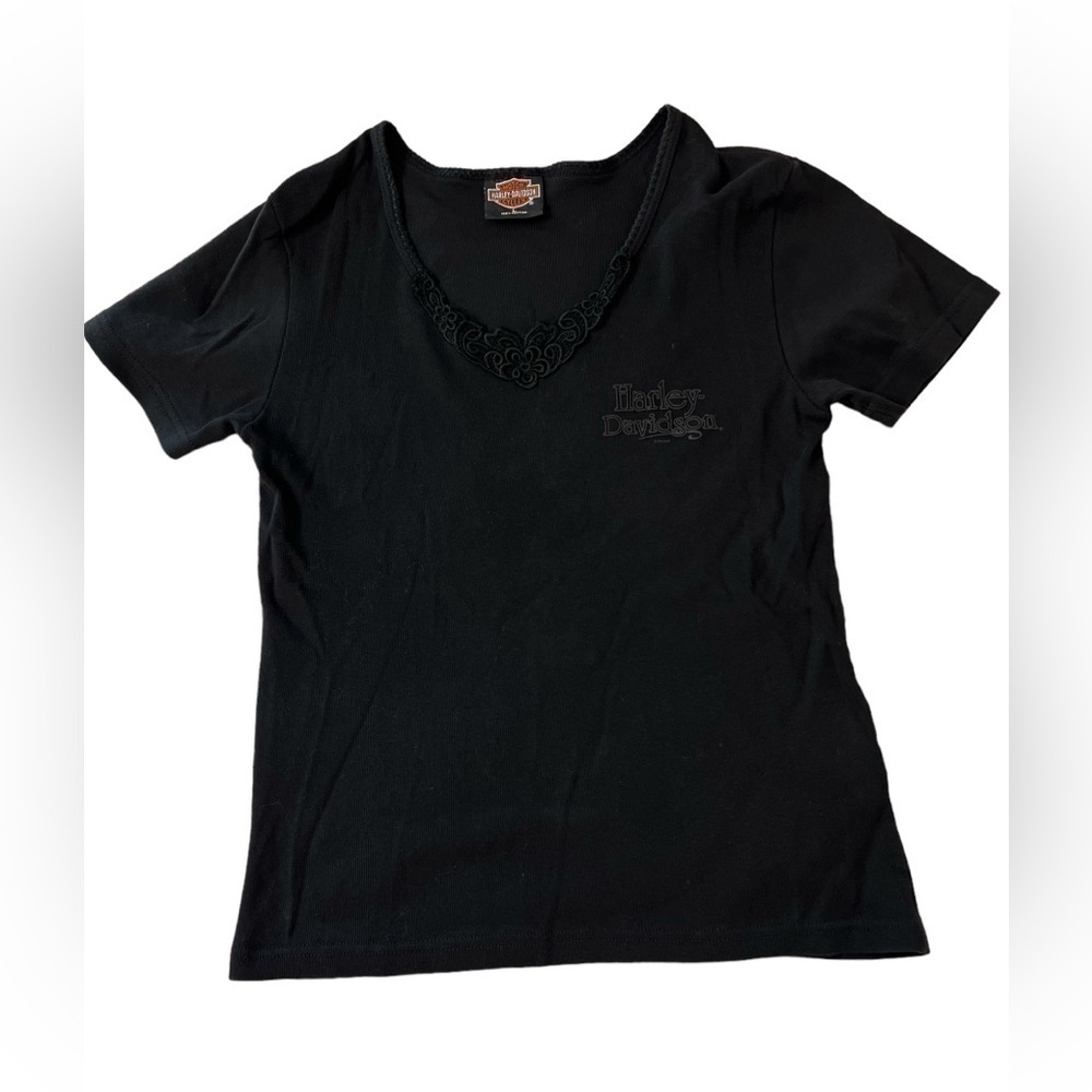 Vintage Y2K 2000 Harley Davidson Lace V Neck Black Short Sleeve Size Medium